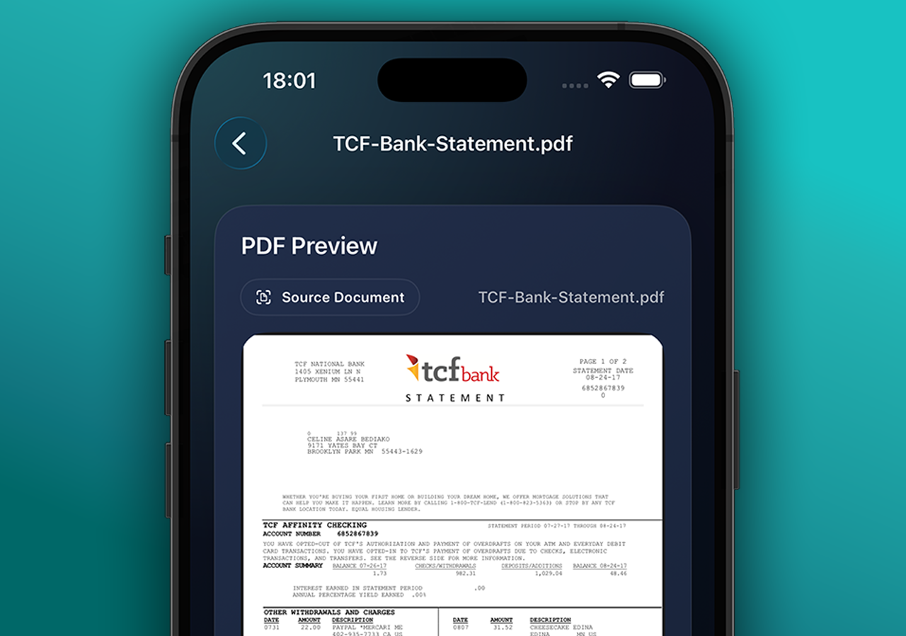 PDF Bank Statement Converter on iPhone showing a TCF Bank statement PDF preview inside the app.