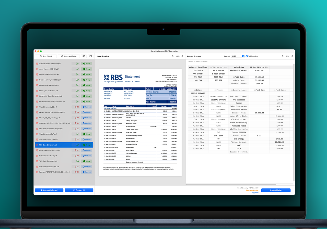 Bank Statement PDF Converter on Mac showing an RBS bank statement PDF alongside its extracted CSV transaction table.