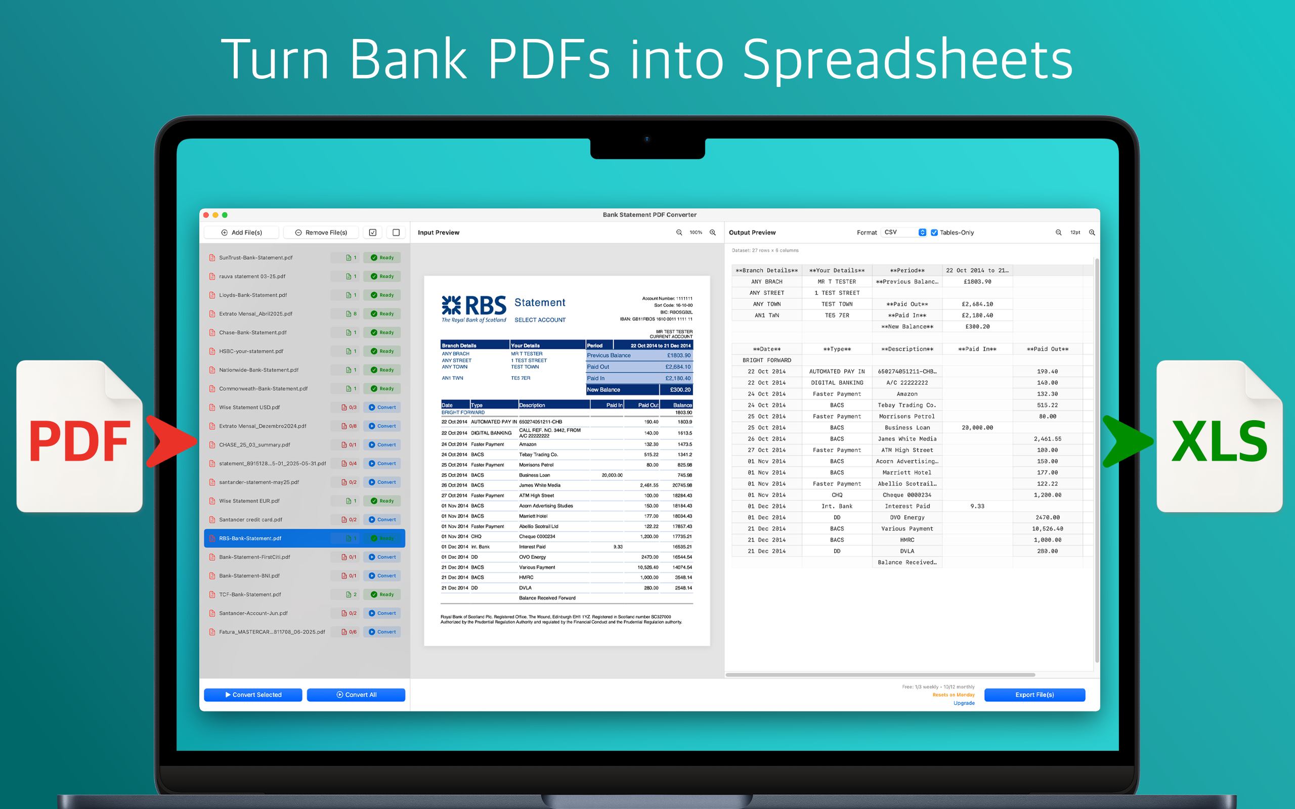 Mac app interface showing a bank statement PDF on the left and its extracted transaction table on the right