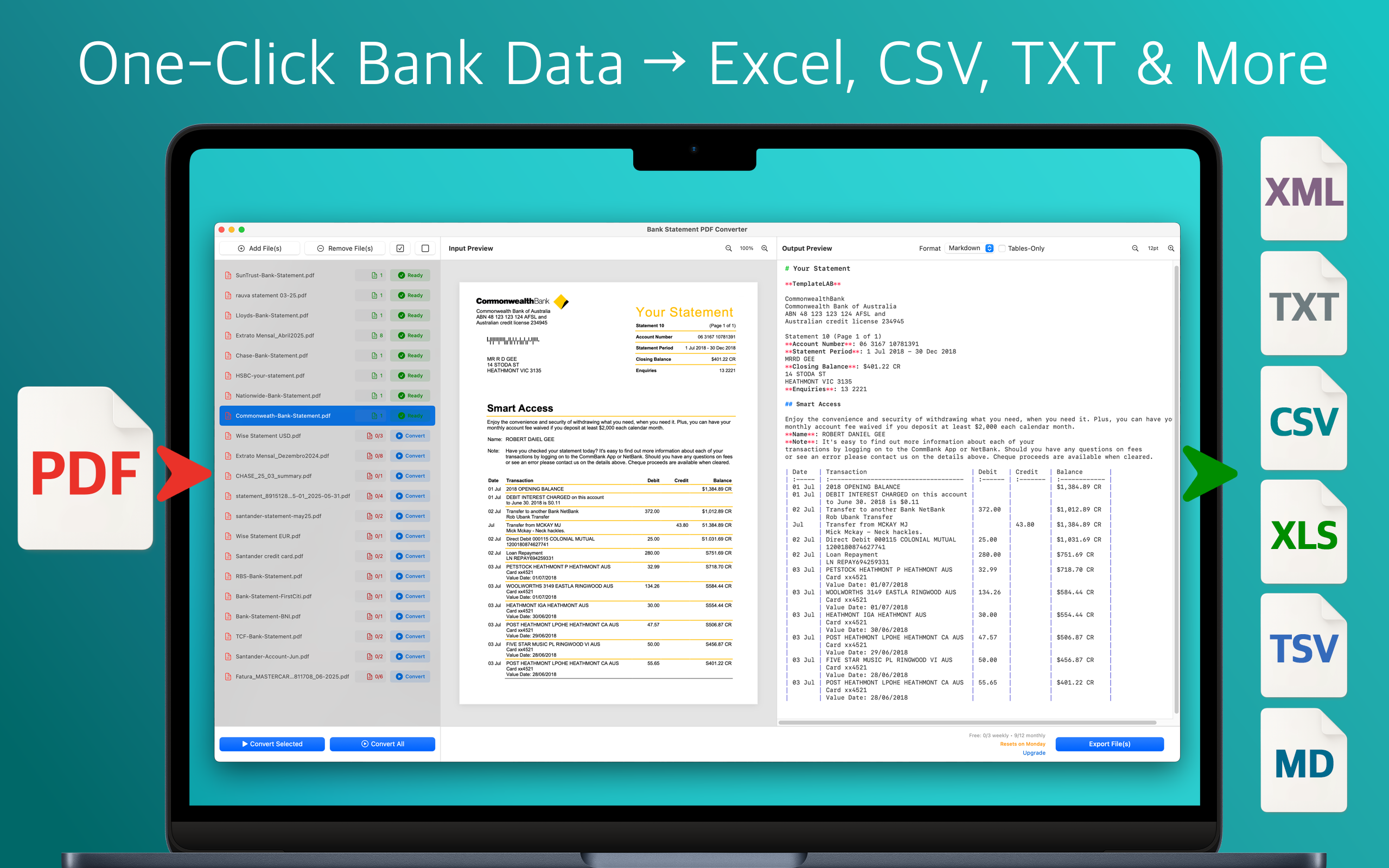 Pick your output format — Excel, CSV, TXT, XML, TSV, Markdown