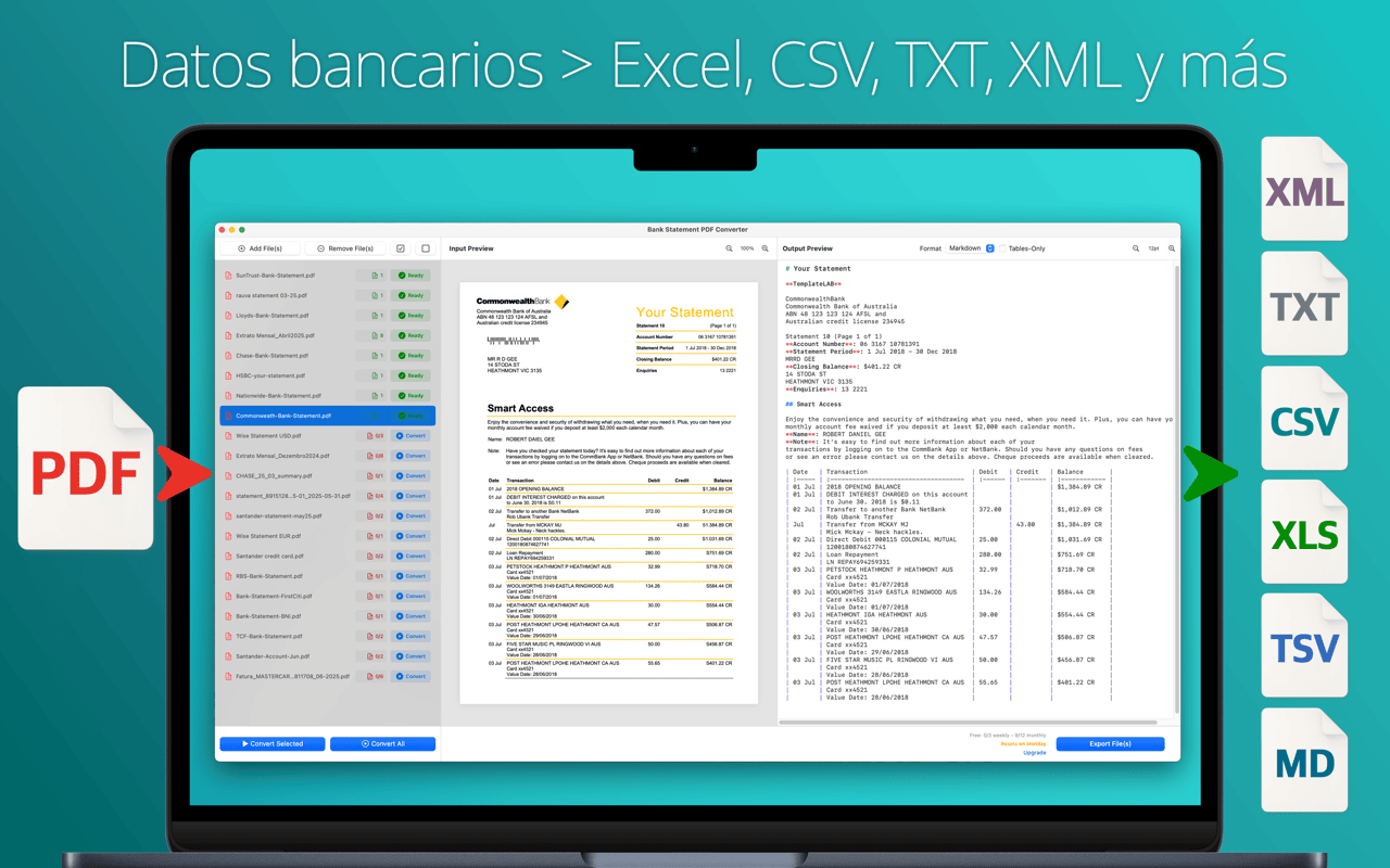 Elige tu formato de salida — Excel, CSV, TXT, XML, TSV, Markdown