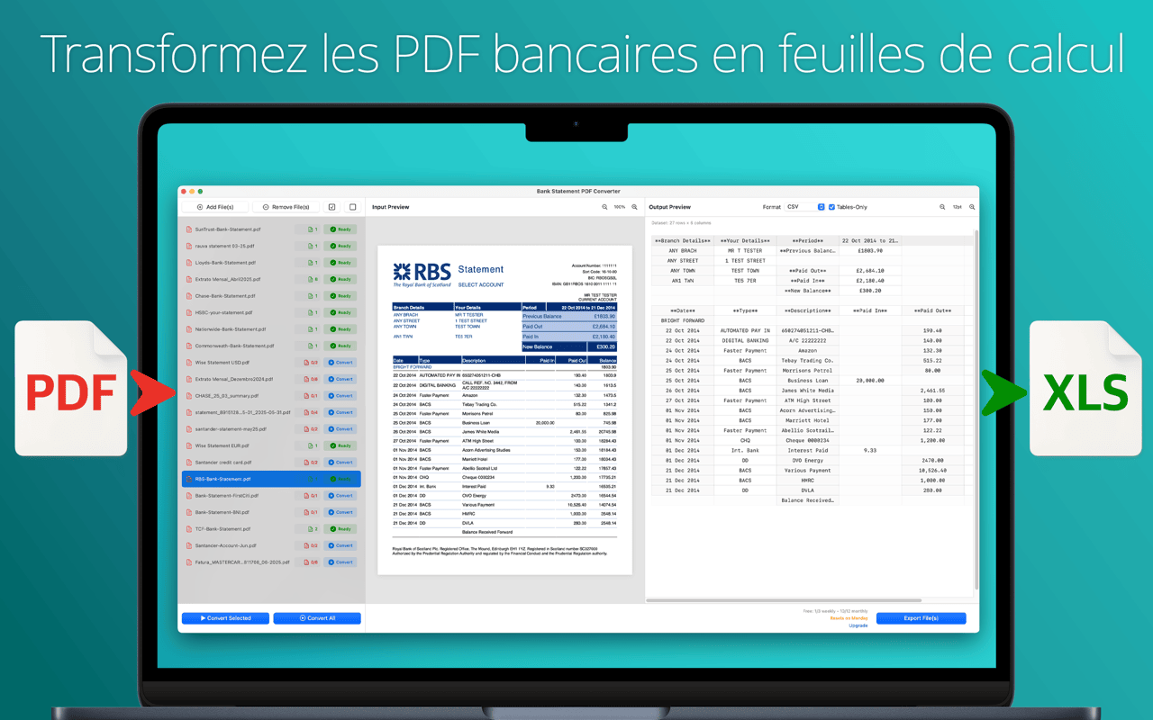 Interface de l'application Mac avec un relevé bancaire PDF à gauche et son tableau de transactions extrait à droite