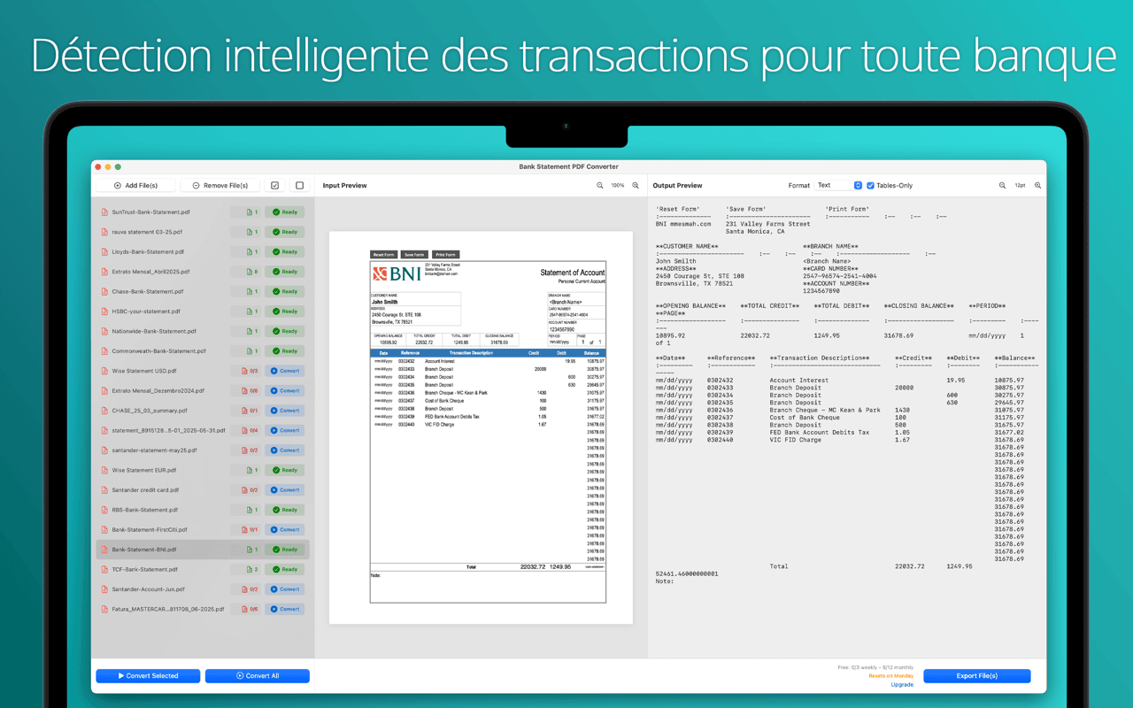 La détection intelligente des transactions fonctionne sur toutes les mises en page et toutes les banques