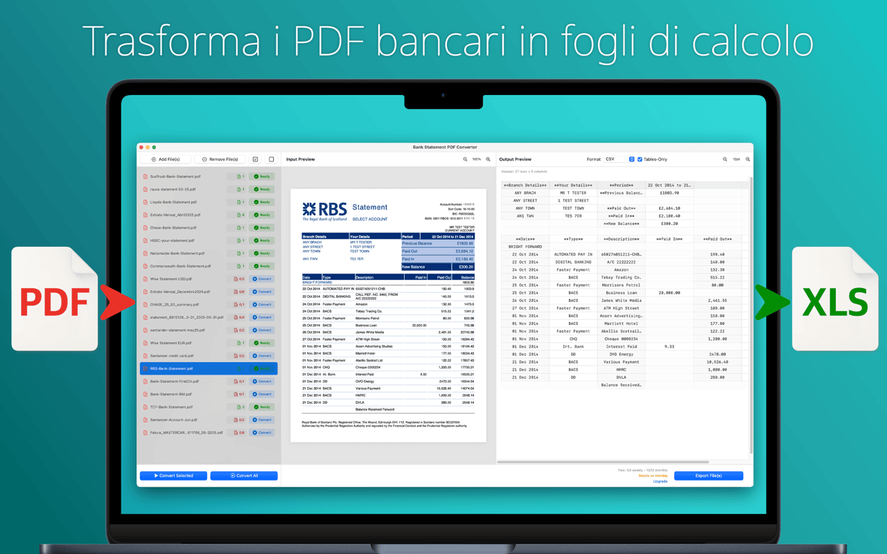 Interfaccia dell'app per Mac che mostra un estratto conto PDF a sinistra e la tabella delle transazioni estratta a destra
