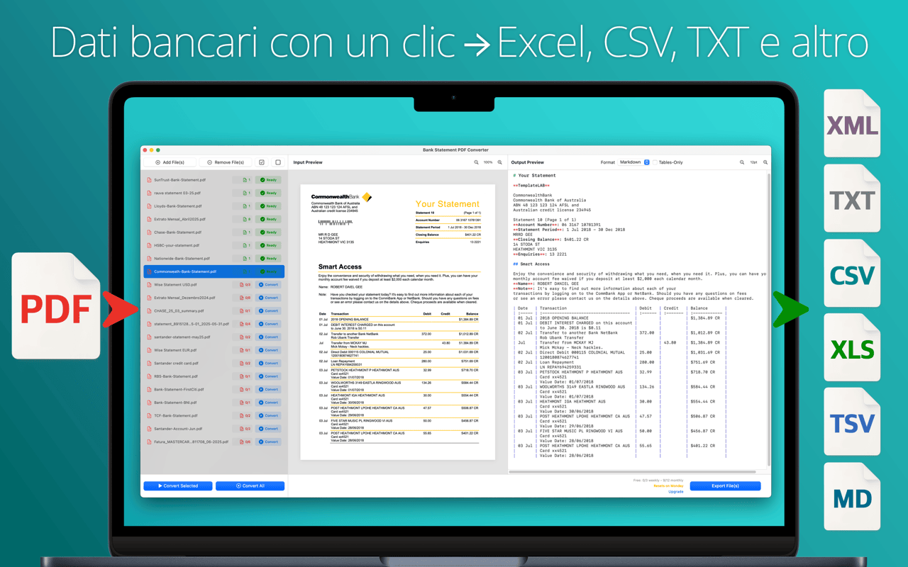 Scegli il formato di output — Excel, CSV, TXT, XML, TSV, Markdown