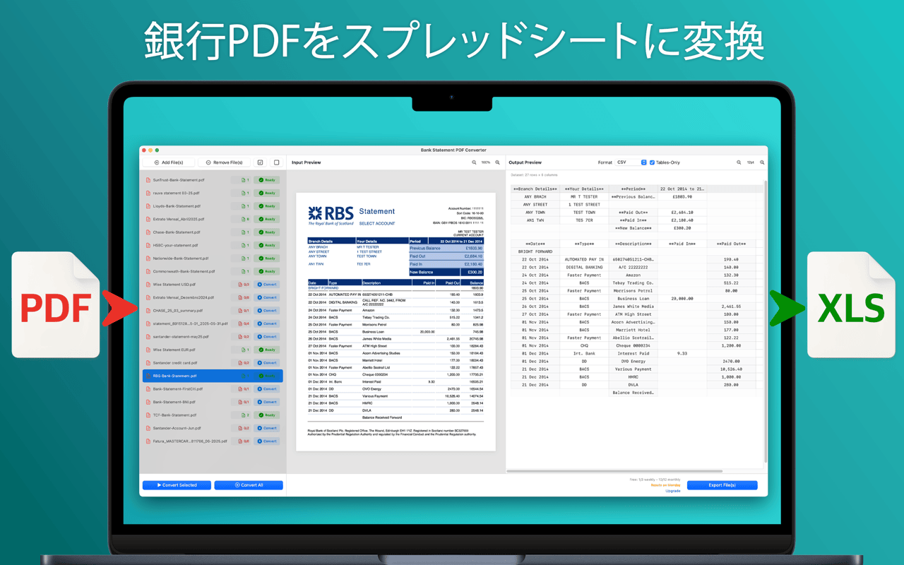 Mac版アプリのインターフェース。左側に銀行明細のPDF、右側に抽出された取引テーブルを表示