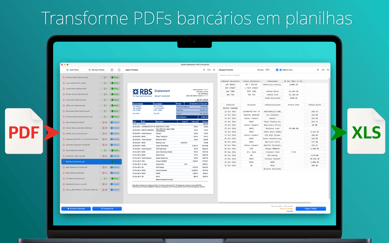 Interface do app para Mac mostrando um PDF de extrato bancário à esquerda e a tabela de transações extraída à direita